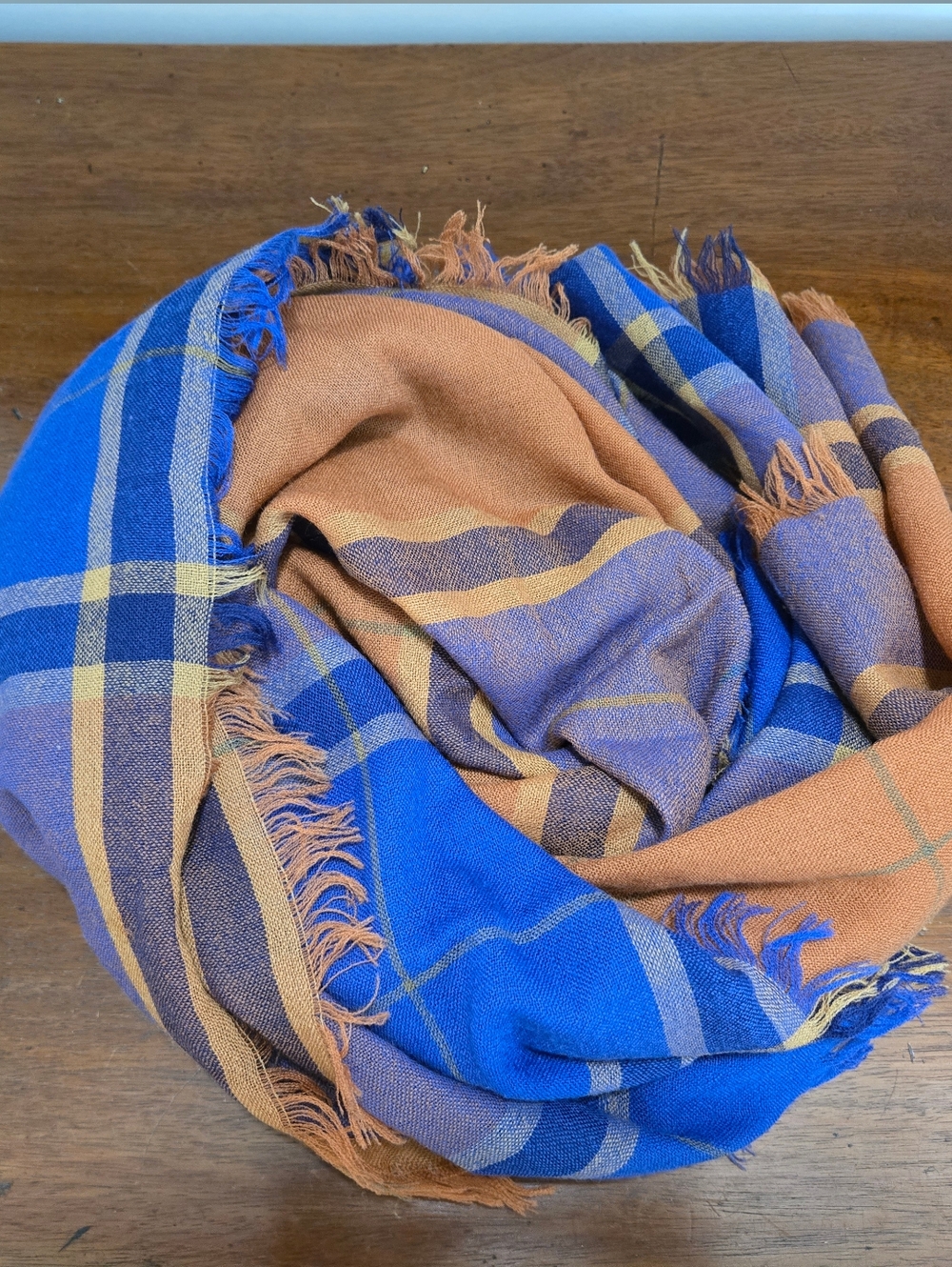 Blue and Tan Plaid Fringe Scarf